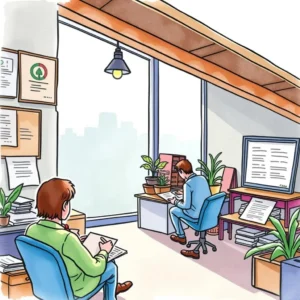 Compliance gap identifier: Highlight compliance shortcomings in documentation 4 A busy office scene depicting professionals reviewing compliance documents for manufacturing.