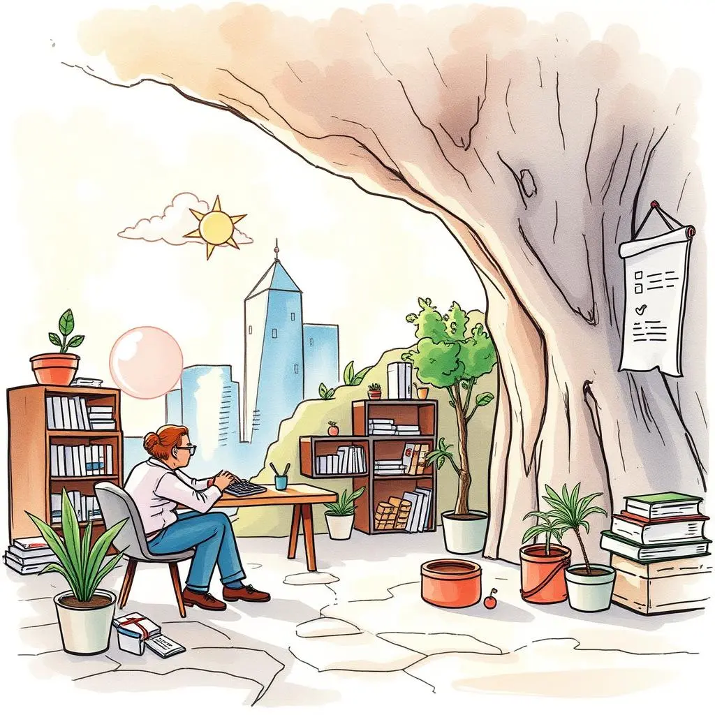 A person working in a creative workspace surrounded by plants and books, emphasizing innovation.