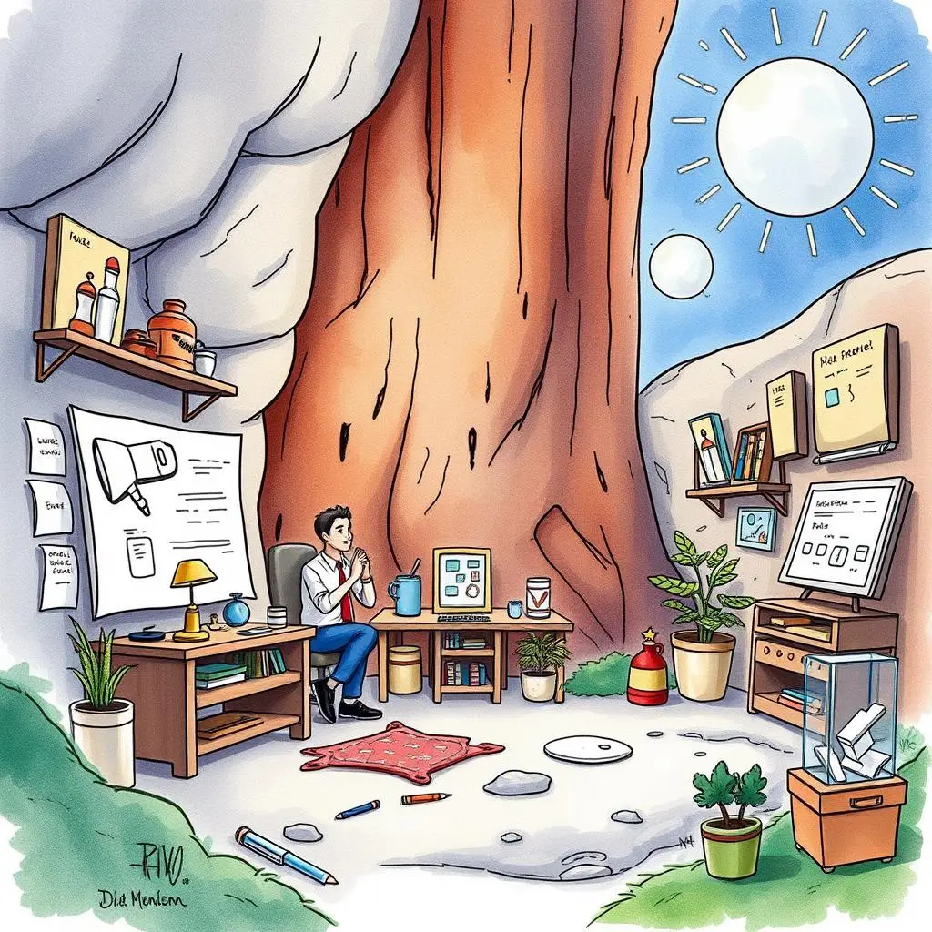 A creative workspace illustrating a person brainstorming concepts in a natural setting.