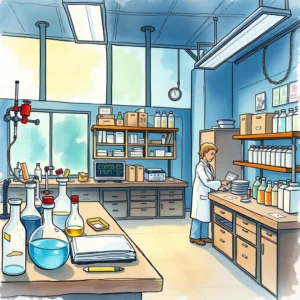 A research scientist organizes peer review documents in a laboratory with various glassware and supplies.