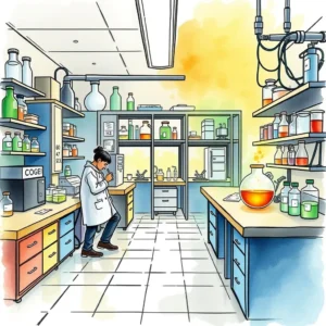 A lab technician in a laboratory environment evaluating experiments with various chemicals and materials.