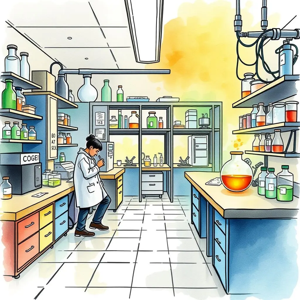 Experiment evaluation transformer: Reformat peer review texts for clarity and coherence 1 A lab technician in a laboratory environment evaluating experiments with various chemicals and materials.