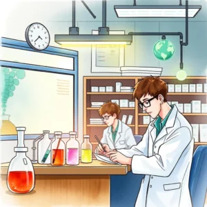 A scientist in a lab writes notes while observing colorful liquids in glass containers.