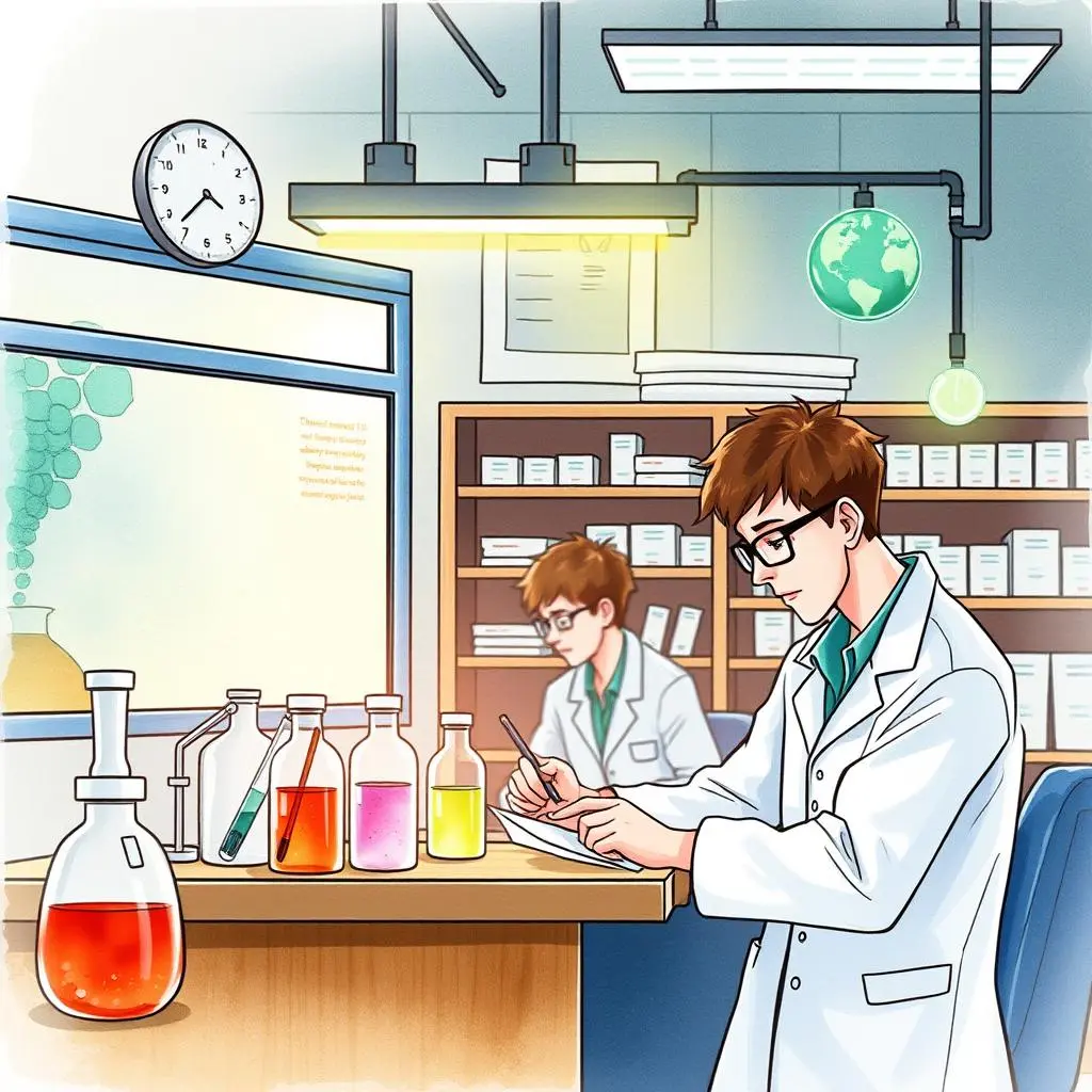 Peer review summary generator: Create concise summaries of peer reviews 1 A scientist in a lab writes notes while observing colorful liquids in glass containers.