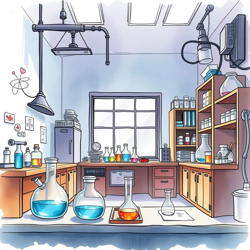 Reagent selection guide: Recommend suitable reagents for material preparation 1 Colorful laboratory scene featuring various beakers and flasks for reagent selection