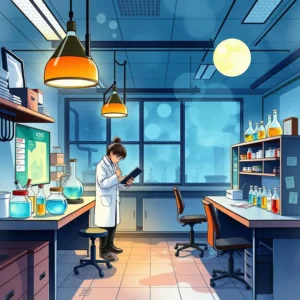 A scientist in a lab, reviewing research findings and data.