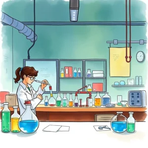 A researcher in a lab using a pipette with colorful chemical solutions on the table.