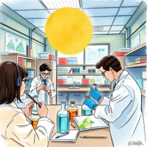 A team of scientists conducts experiments in a laboratory, analyzing materials with glassware.