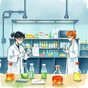 Two scientists conducting experiments in a laboratory filled with colorful solutions.