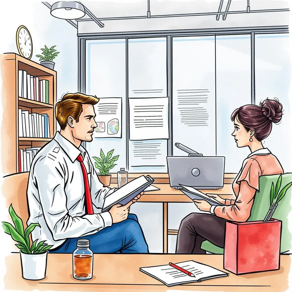 Insight extractor: Generate key insights from research text 1 A professional meeting between two colleagues discussing research insights in an office setting.