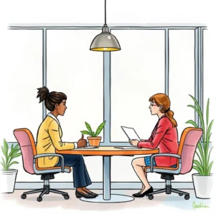 Interview preparation scene featuring two individuals discussing research insights