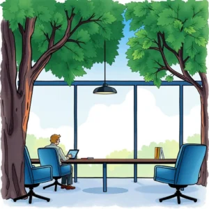 A person using a laptop in a bright, green office space with large windows and wooden furniture