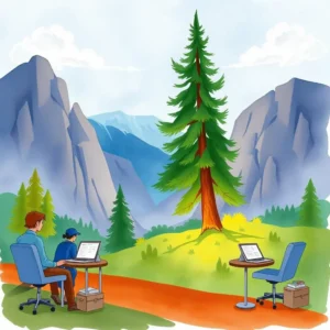 Visual data narrator: Convert research text into visual presentations 3 A scenic outdoor workspace with two people using laptops in a lush, mountainous landscape.