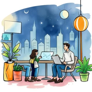 A marketer analyzes consumer trends with insights while collaborating.