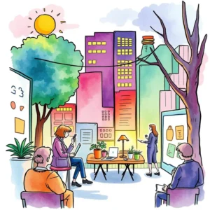 Consumer trends extractor: Highlight key consumer trends for presentations 2 A diverse group of professionals engage in a vibrant urban setting with laptops and plants.