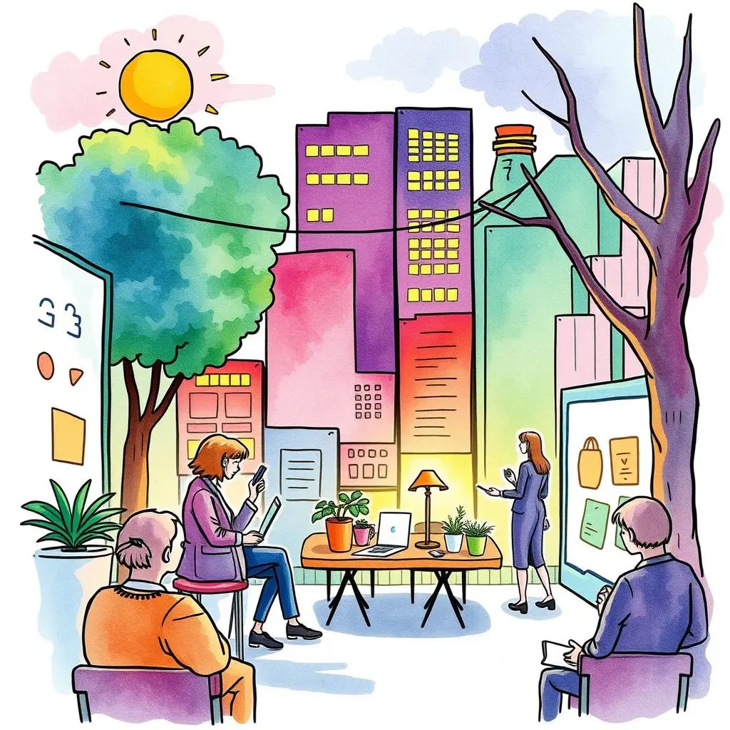 Consumer trends extractor: Highlight key consumer trends for presentations 1 A diverse group of professionals engage in a vibrant urban setting with laptops and plants.