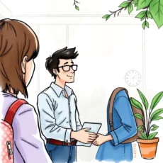 A young man hands a tablet to a woman in a modern office, with another woman observing.