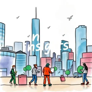 Analyzing market trends through consumer insights in a city landscape.
