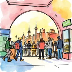 A diverse group of people observing a city skyline while interacting with a digital tool for insights.
