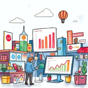 Performance comparison dashboard: Visualize and compare brand performance data 4 Visual representation of a Performance Comparison Dashboard in a vibrant market setting with graphs and data insights.