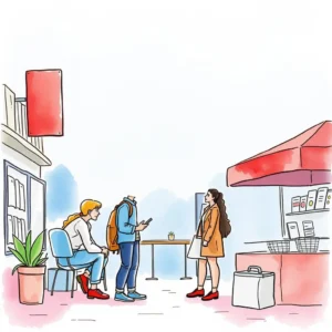 Three people discussing insights in a marketing setting, with outdoor visuals.