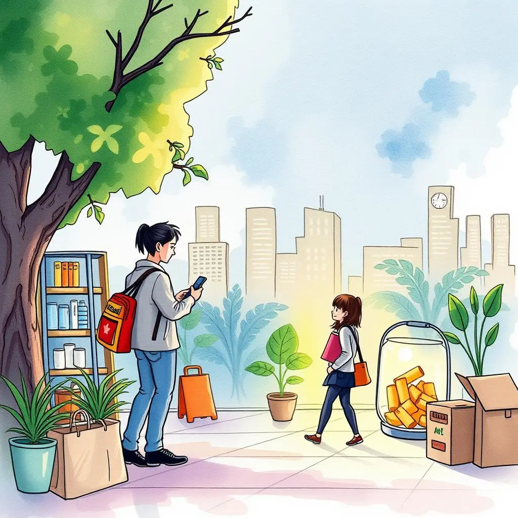 Two people discussing trends outdoors, with city skyline in background.