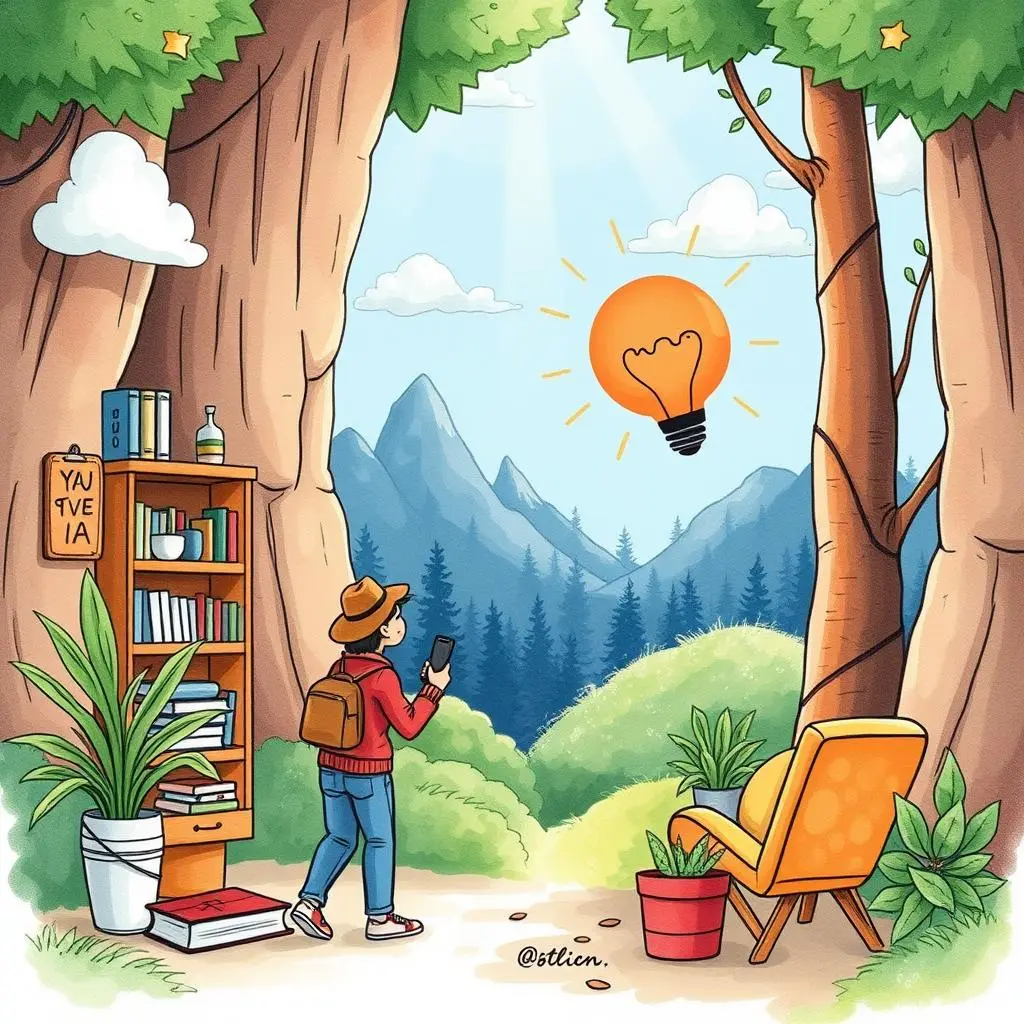 Audience insight topics: Tailor content ideas based on target audience needs 1 A person in a forest looking at a light bulb symbolizing creative ideas for content strategy.