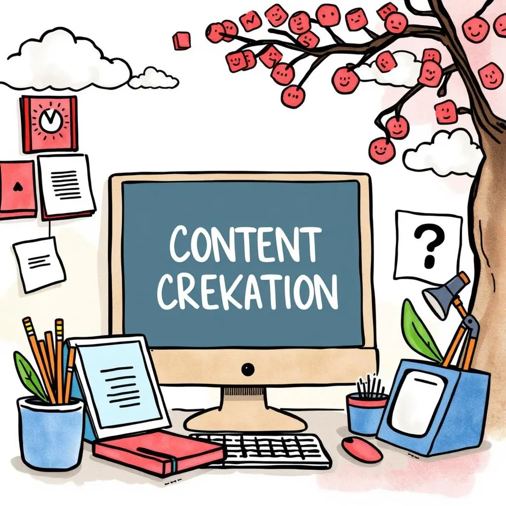 Customer query generator: Create topics from common customer questions 1 Desk with computer and stationery illustrating content creation process for marketing strategies.
