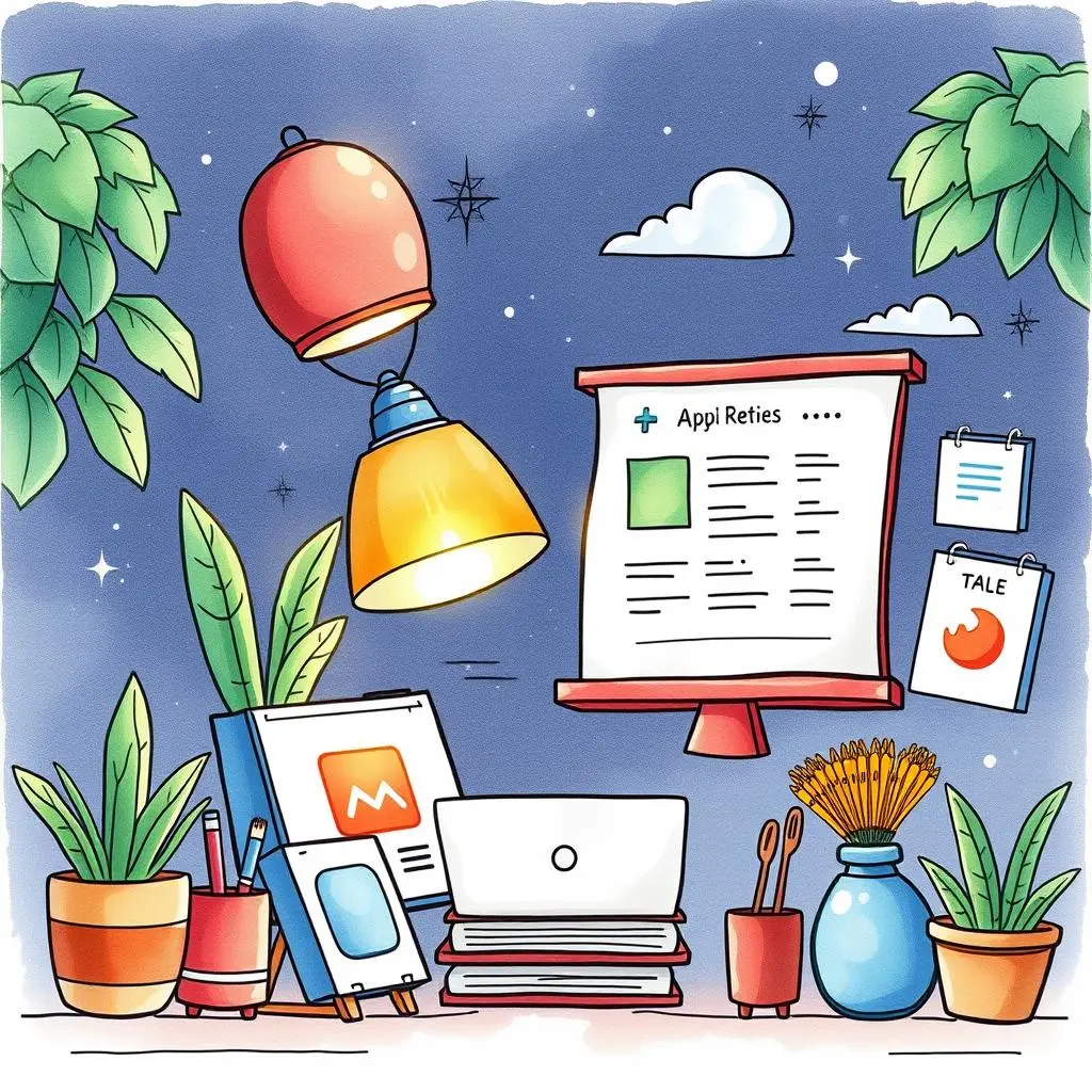 A vibrant workspace featuring a laptop, lamp, plants, and a screen showcasing a research tool.
