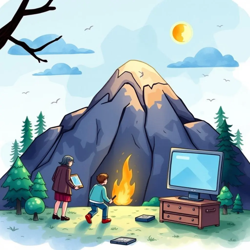 Niche explorer generator: Discover specialized topics in your field 1 A child and adult explore a mountain scene with a fire, tablet, and TV in a whimsical illustration.
