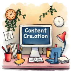 Content creation workspace with a computer, desk items, and decorative elements.