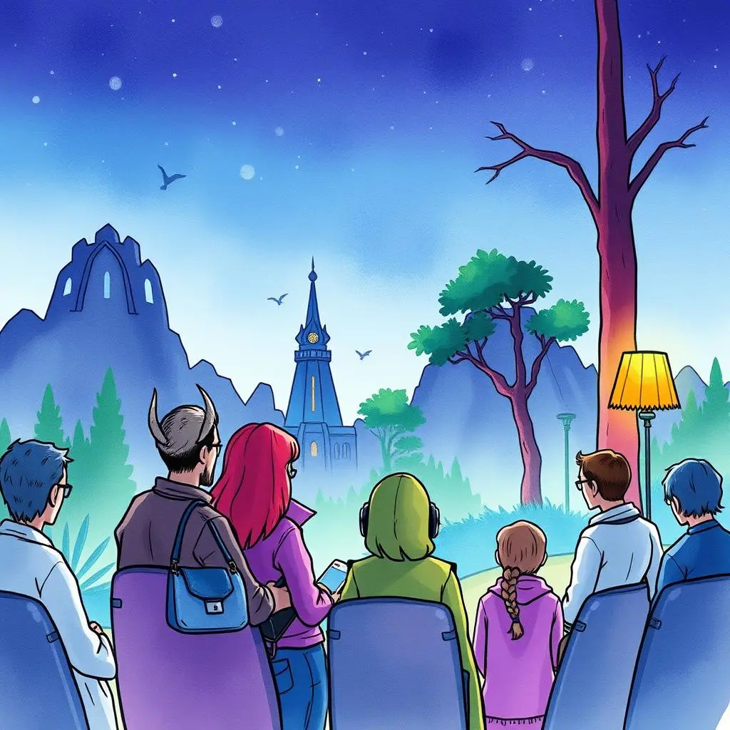 Audience insights generator: Uncover detailed target audience profiles 1 A diverse group of people observing a serene landscape with a tower in the background at twilight.
