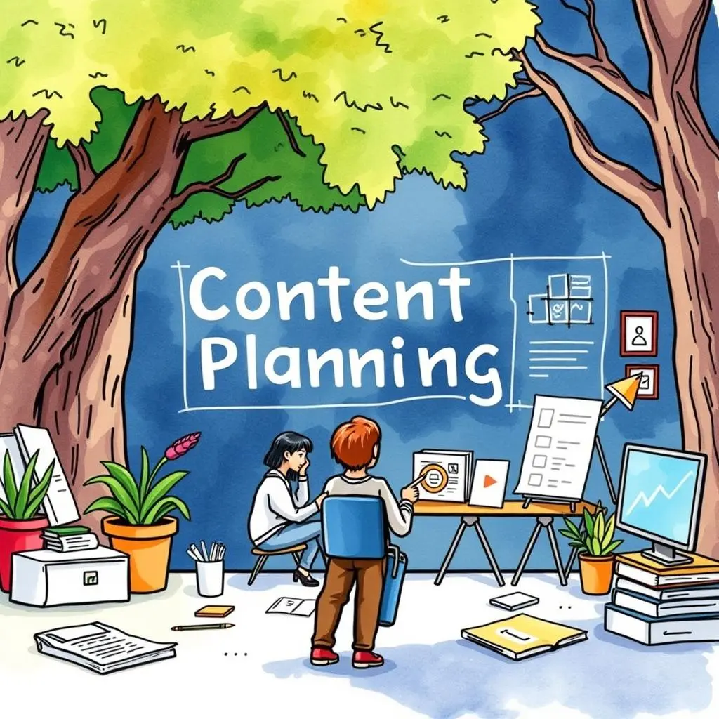 Two professionals engaged in content planning amid a vibrant workspace.