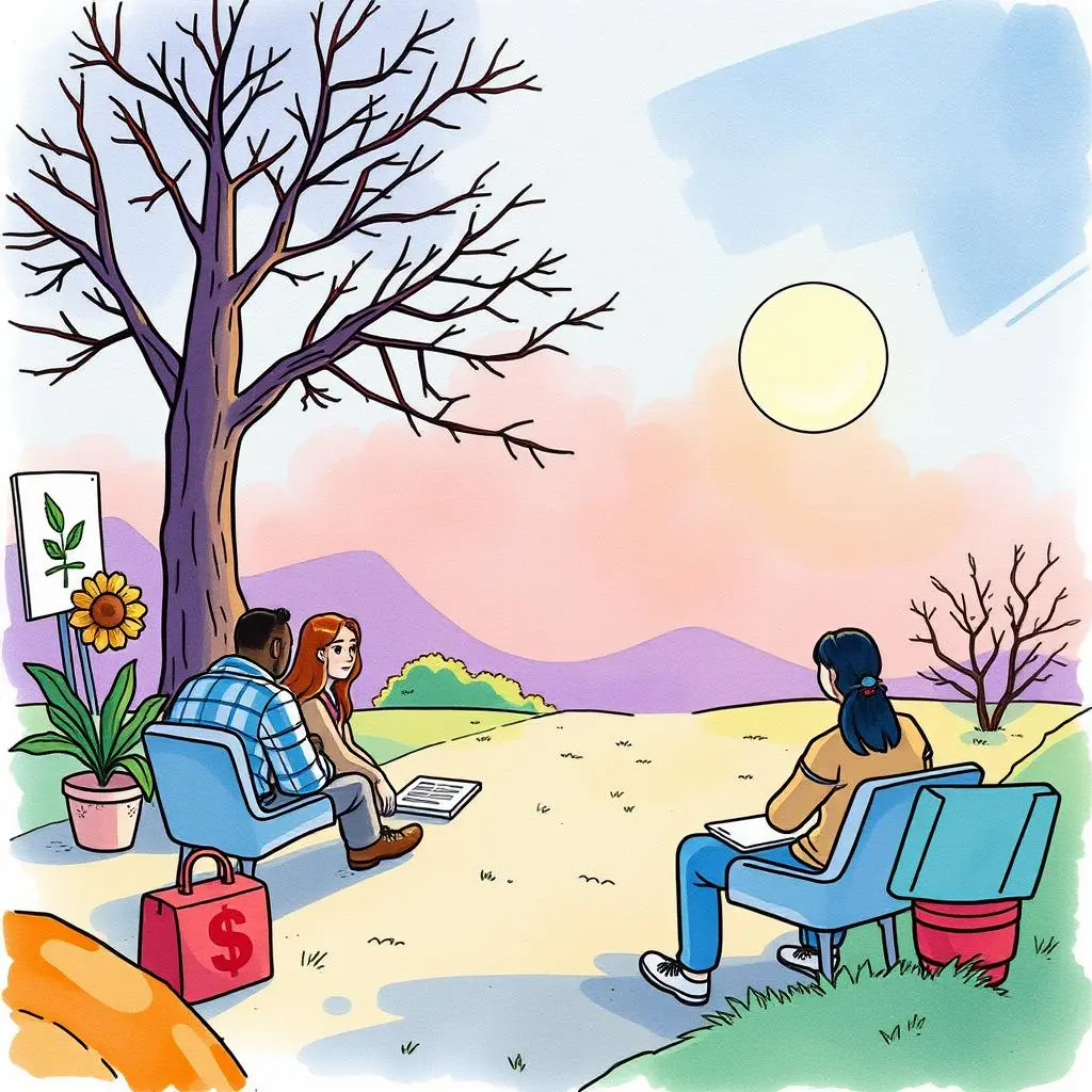 Communication style advisor: Generate communication styles for targeted audiences 1 A conversation scene between three individuals outdoors, discussing communication strategies.