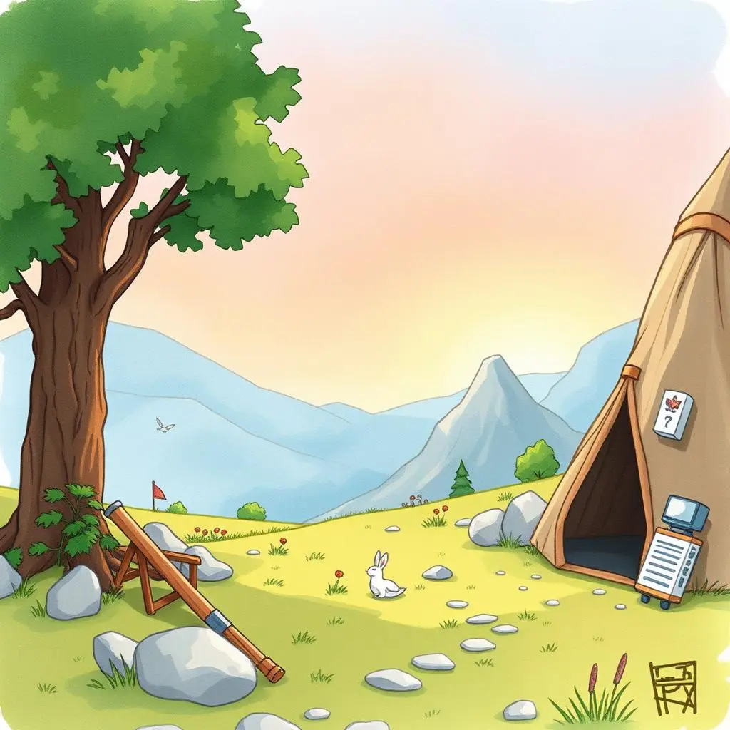 Content calendar creator: Automatically draft a calendar for content deadlines 1 A peaceful campsite in a mountain landscape featuring a tent, a slingshot, and a rabbit.