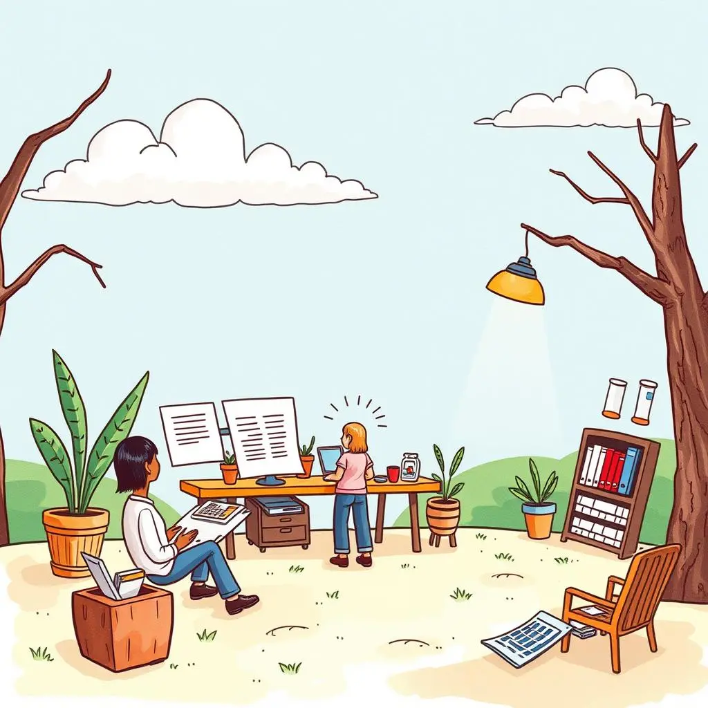 Content focus enhancer: Determine main themes for marketing communications 1 A creative outdoor workspace featuring two individuals engaging in content planning activities.