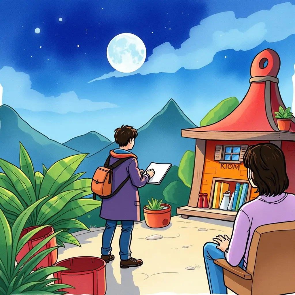Engagement goal planner: Set goals for audience interaction and engagement 1 A content strategist planning goals outside a cozy cabin at night.