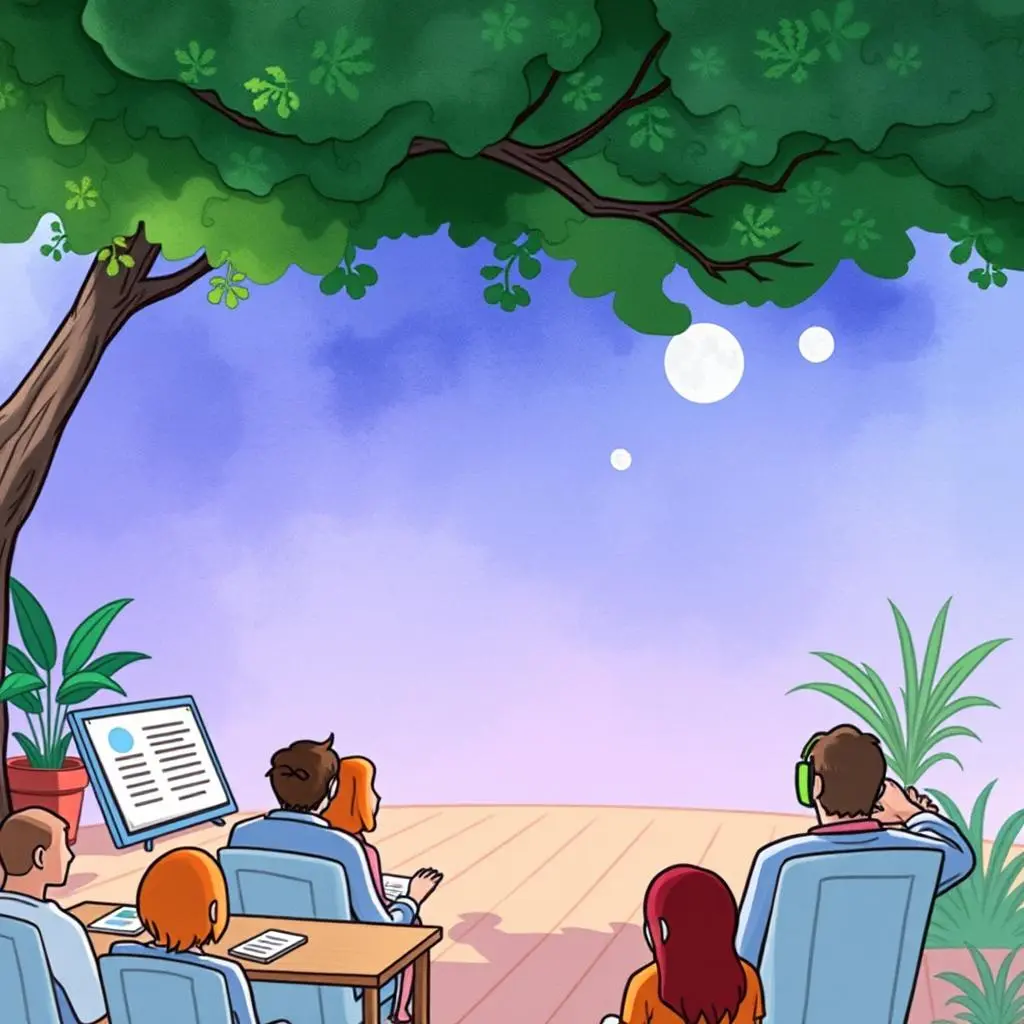 Market needs discoverer: Highlight market needs through audience text input 1 Team brainstorming under a tree, highlighting audience insights and market needs.