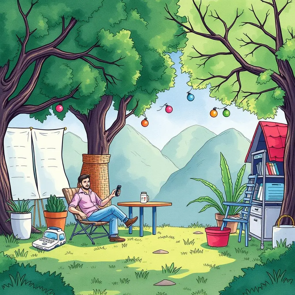 Brand voice analyzer: Identify and define your brand tone and style 1 A relaxed professional utilizing a smartphone in a serene outdoor workspace surrounded by nature.
