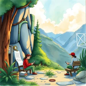 A serene outdoor scene featuring two individuals reviewing documents in a natural setting