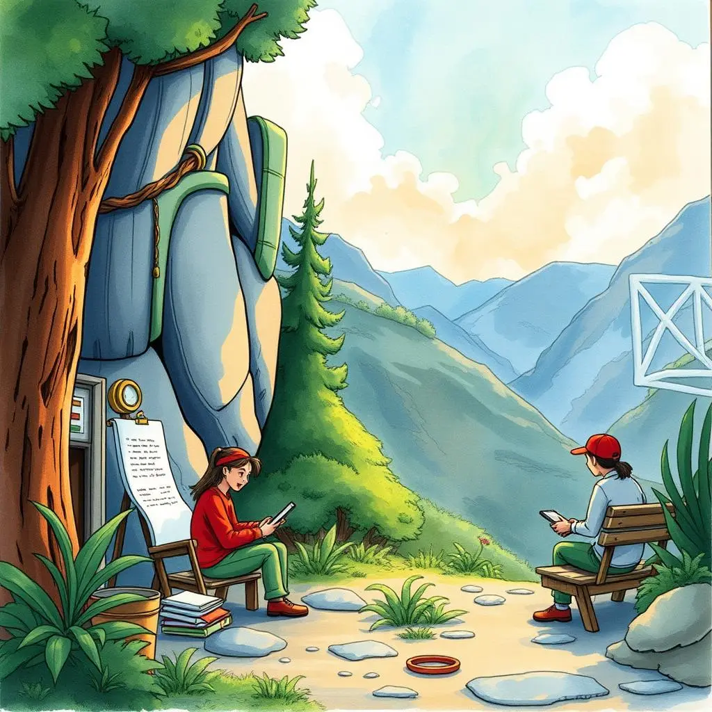 Content validation assistant: Produce text for validating content with stakeholders 1 A serene outdoor scene featuring two individuals reviewing documents in a natural setting