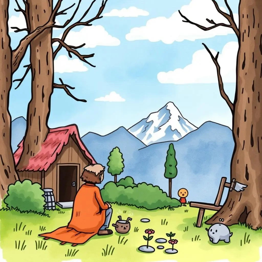Cross-departmental storyboarder: Organize shared ideas into a coherent narrative 1 A person in a cozy landscape plans a story with visuals.