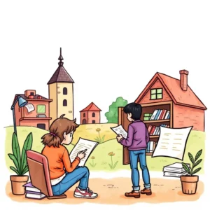 Voice clarity generator: Simplify complex texts to match brand voice 10 Two characters reviewing documents outdoors, illustrating content strategy and clarity.