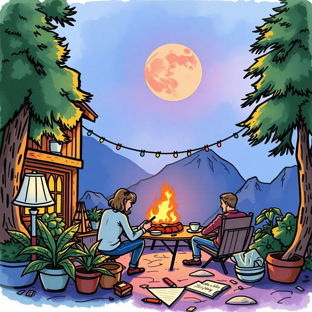 Content promotion optimizer: Craft compelling promotional messages 1 Two people relaxing by a campfire under a full moon.