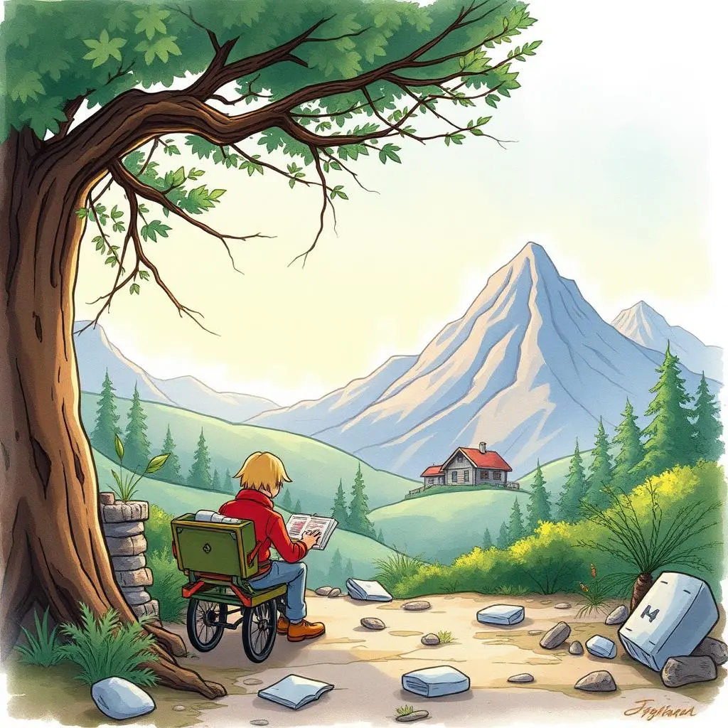 Creative draft synthesizer: Combine ideas into cohesive draft writings 1 Writer creating content in a serene mountain landscape, promoting creativity.