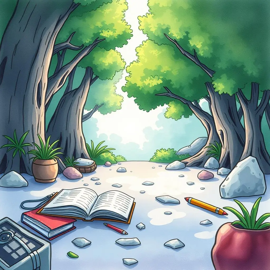 Grammar guardian: Check grammar and punctuation for perfection 1 A serene forest scene showcasing an open book, writing tools, and natural elements for inspiration