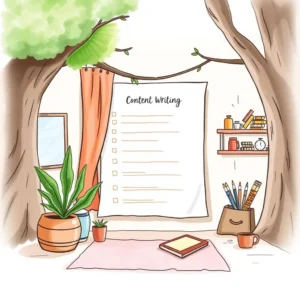 Weekly content layout: Organize and layout your weekly content plan 2 A cozy workspace with a content writing checklist on display surrounded by plants and stationery
