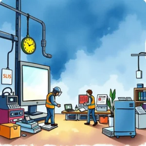 Two workers analyze data in a manufacturing setting, focusing on defect patterns.