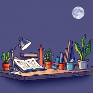 A well-lit desk with plants, books, and an open report lies under a moonlit sky.