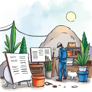 A skilled worker assesses quality metrics on a construction site with tools and plants around him.